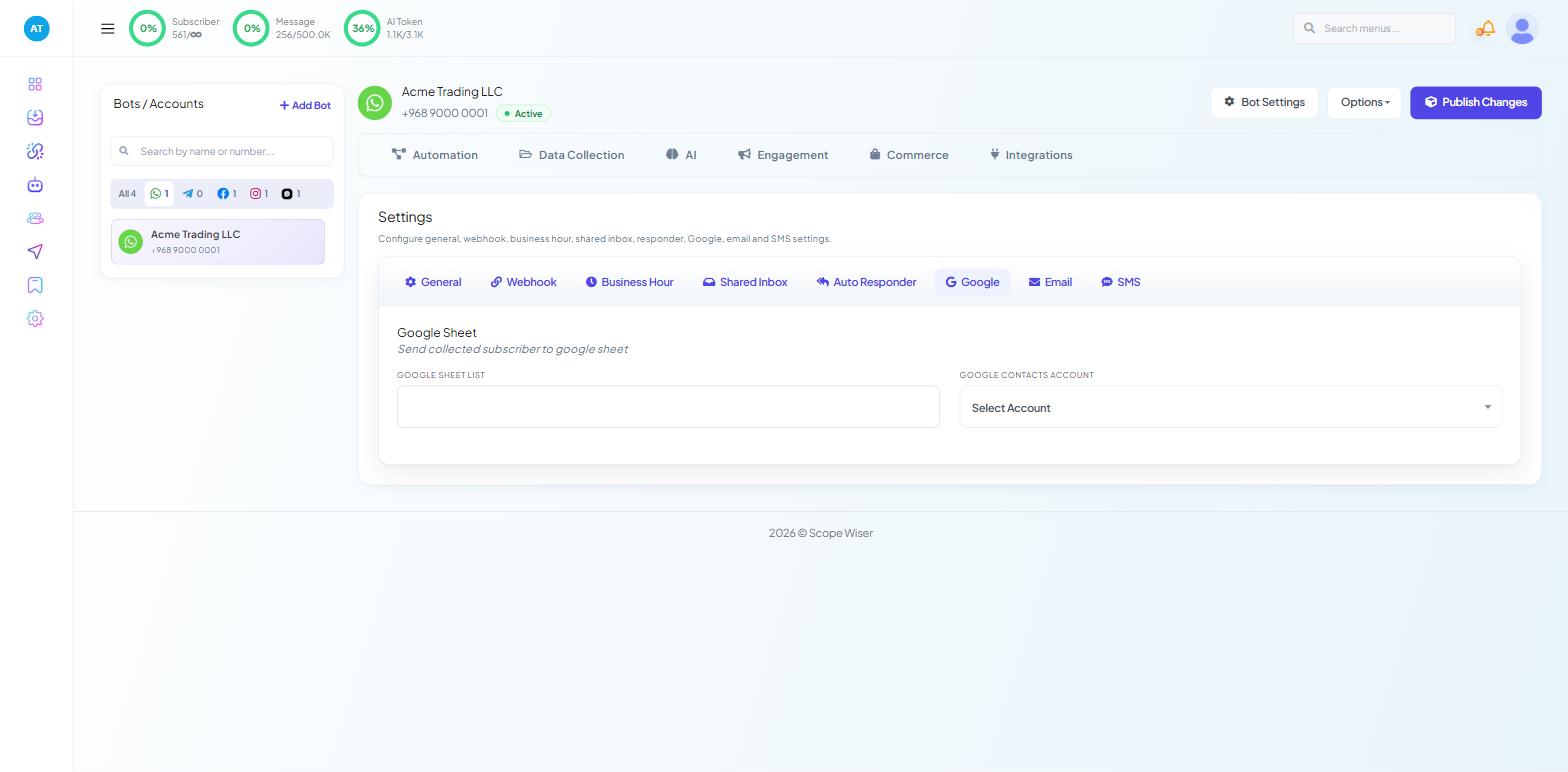 Chatbot Manager Bot Settings Google tab
