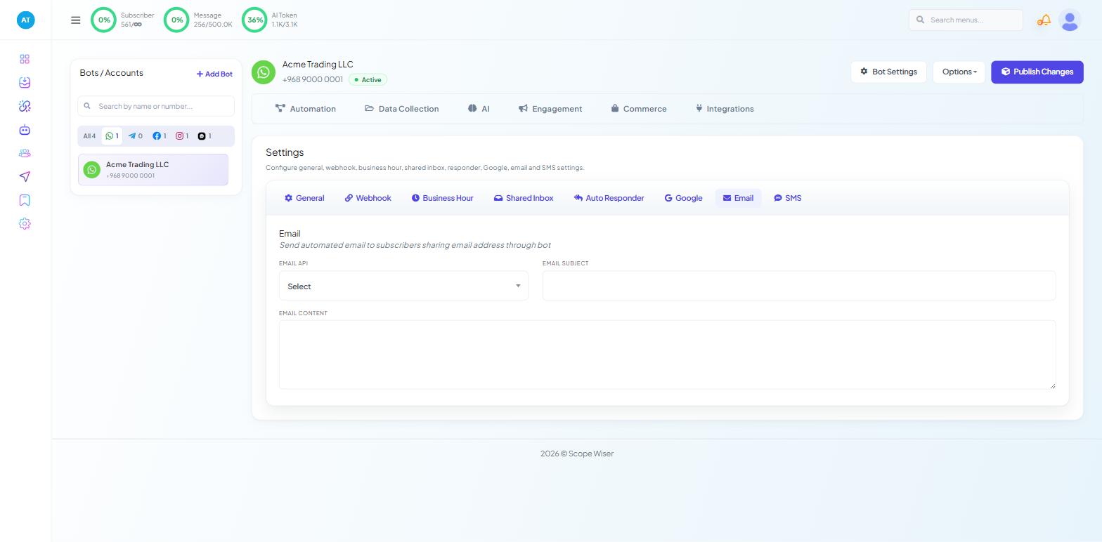 Chatbot Manager Bot Settings Email tab