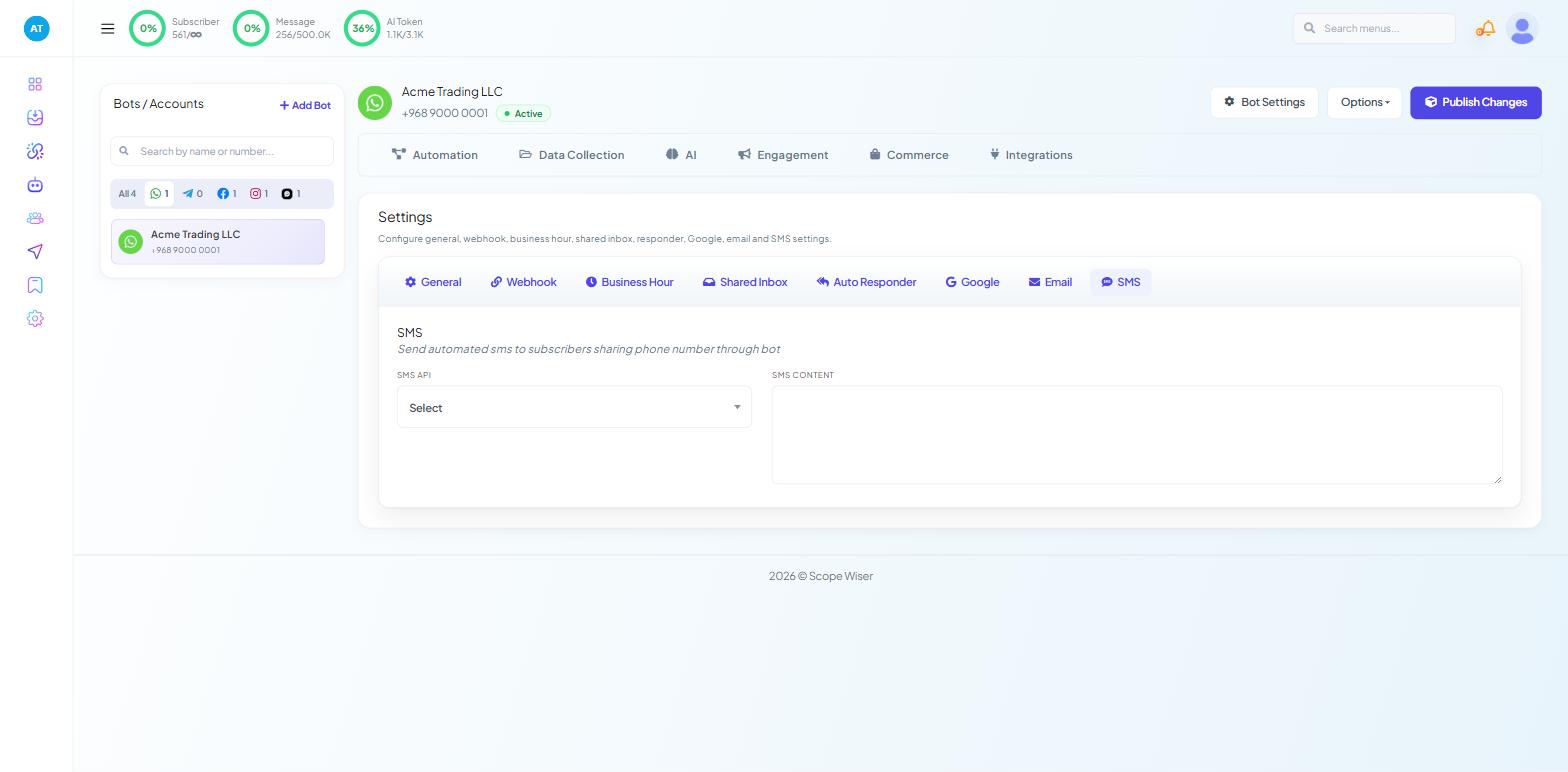 Chatbot Manager Bot Settings SMS tab