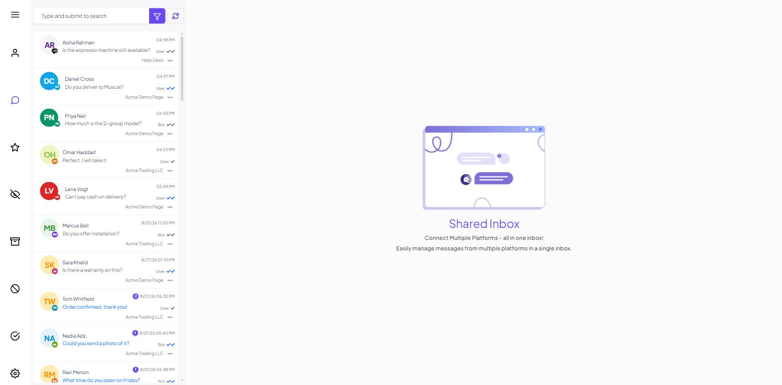 The Shared Inbox conversation list showing