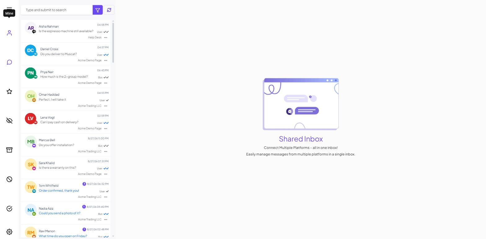 The Shared Inbox filter rail showing