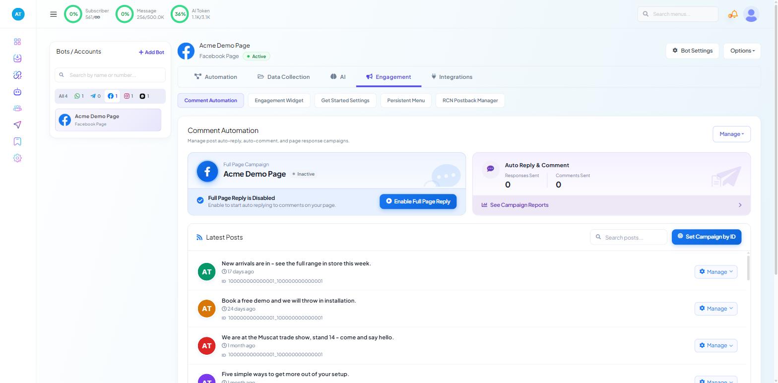 Chatbot Manager Engagement tab on a