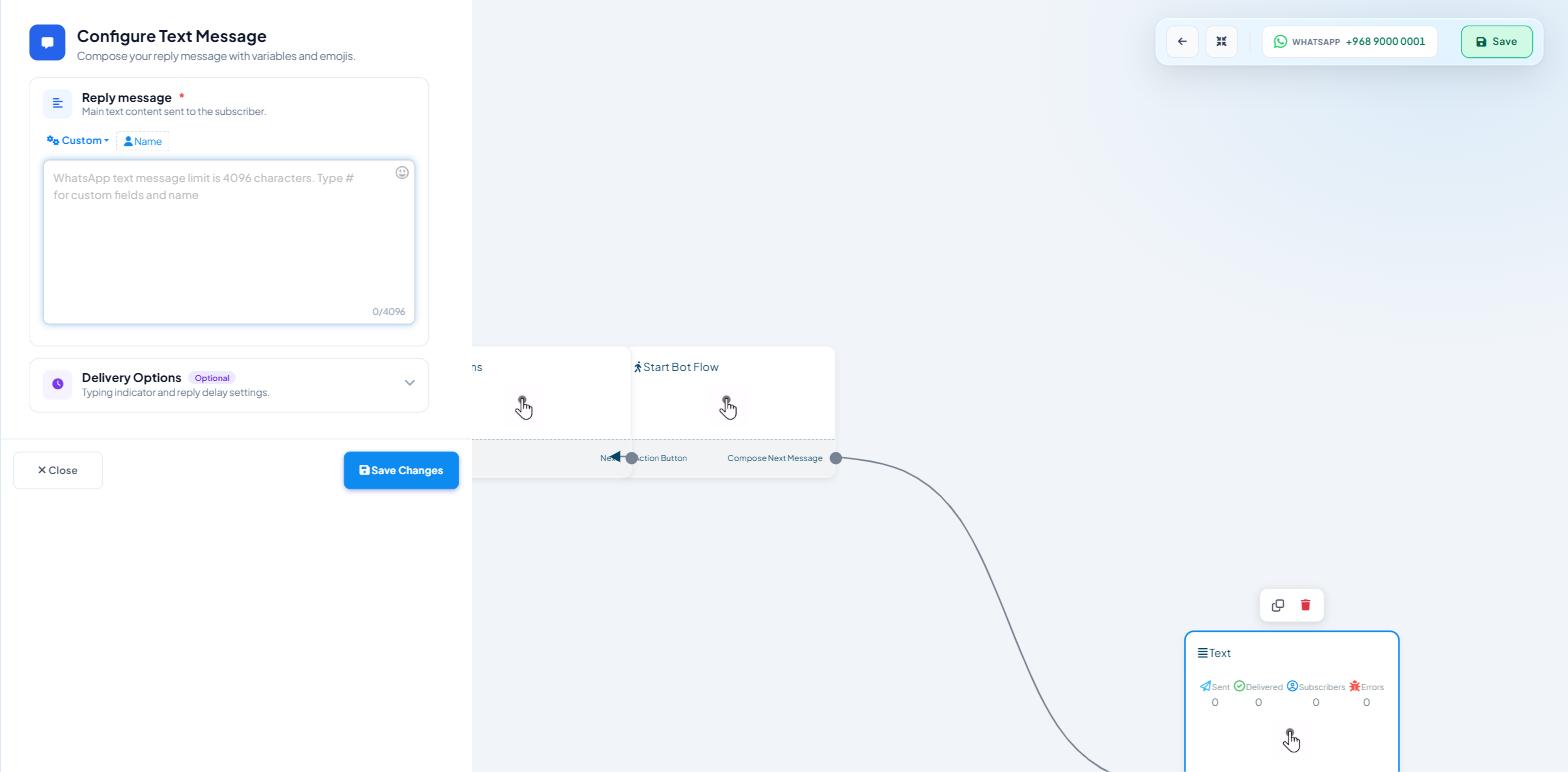 The Configure Text Message panel open