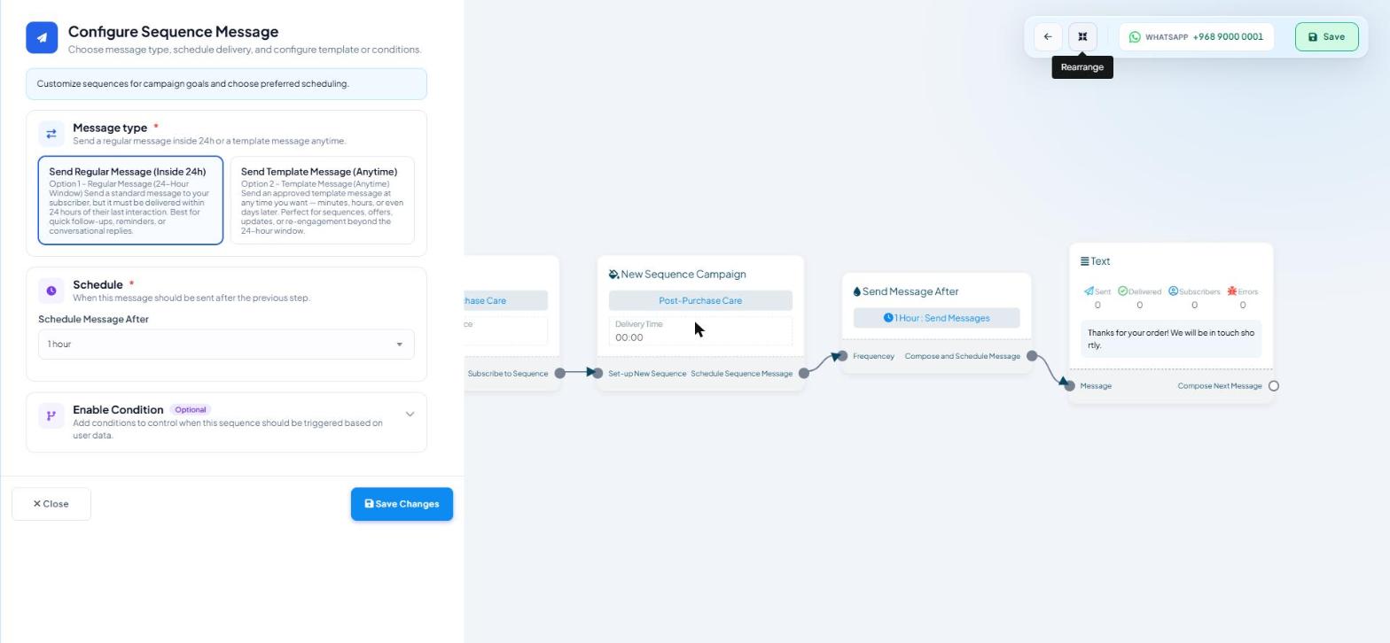 WhatsApp sequence canvas with a Template