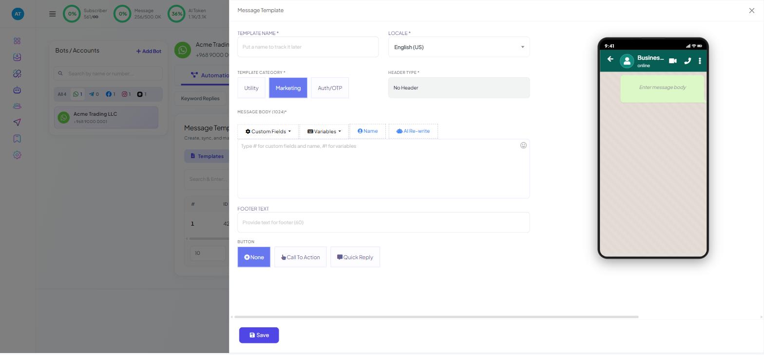 Chatbot Manager Automation Message Templates with