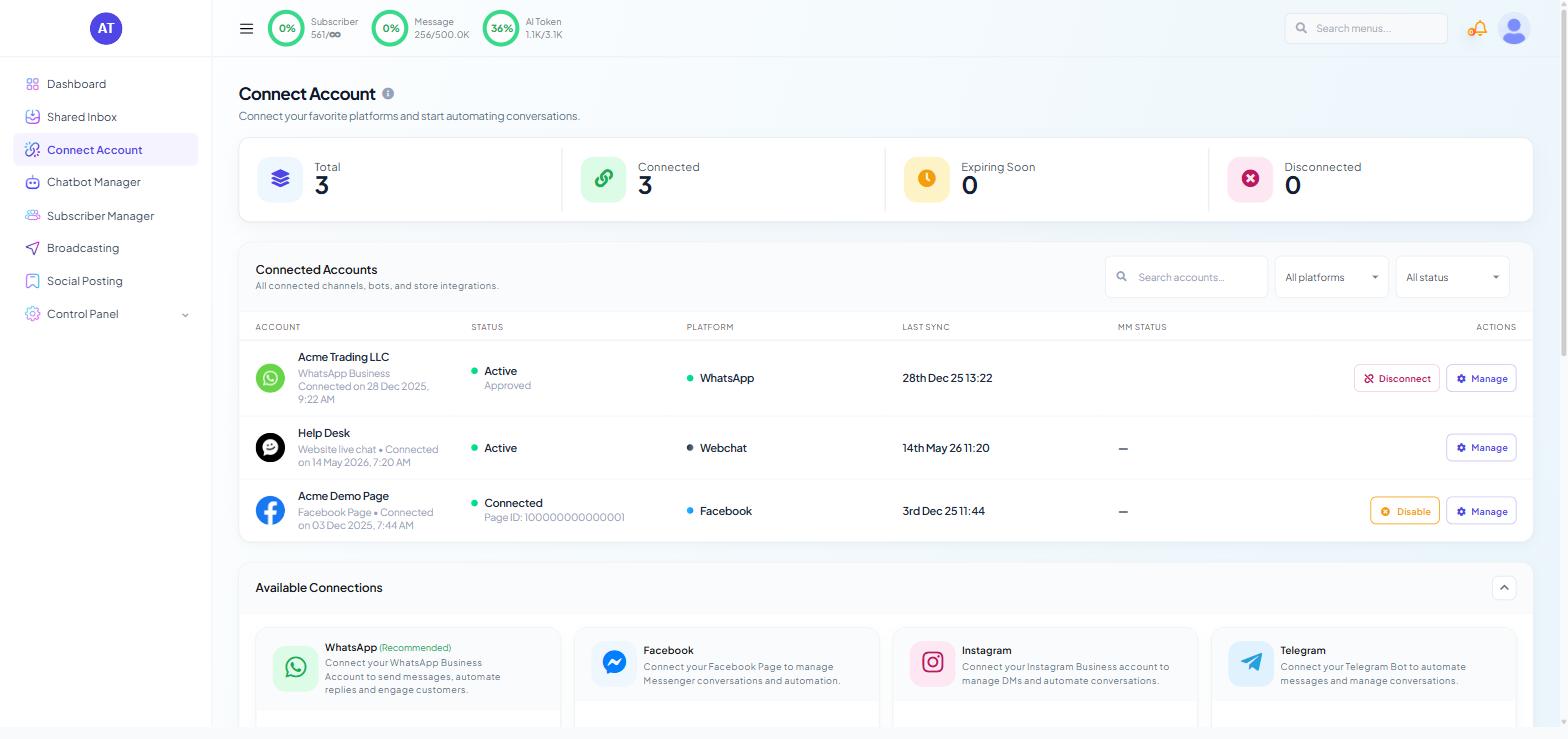 WhatsApp Integration page on a demo