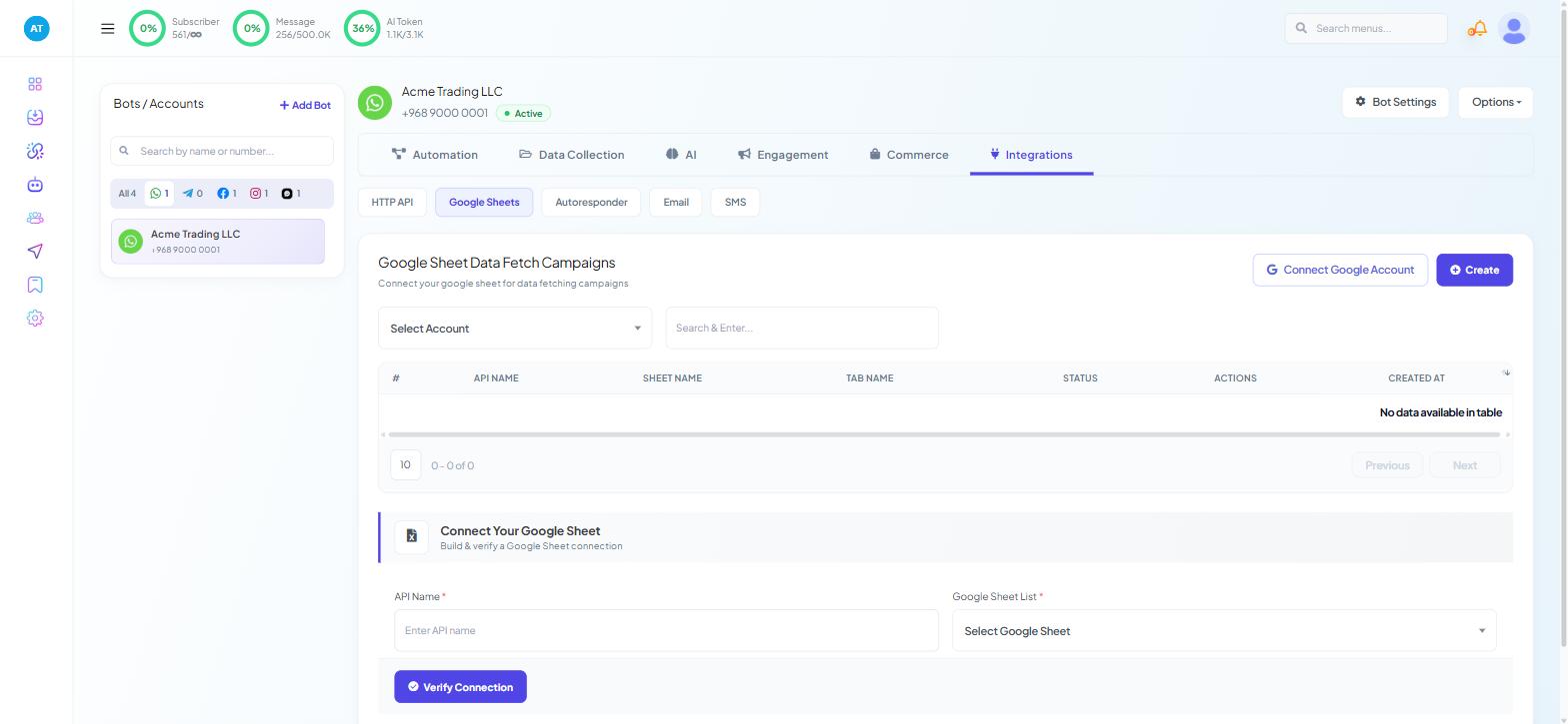 Chatbot Manager Integrations Google Sheets sub-tab