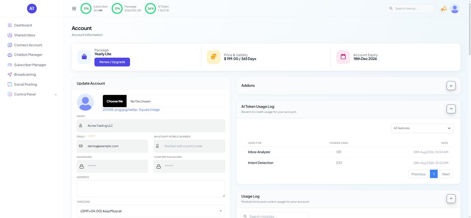 The Account page right-hand column with
