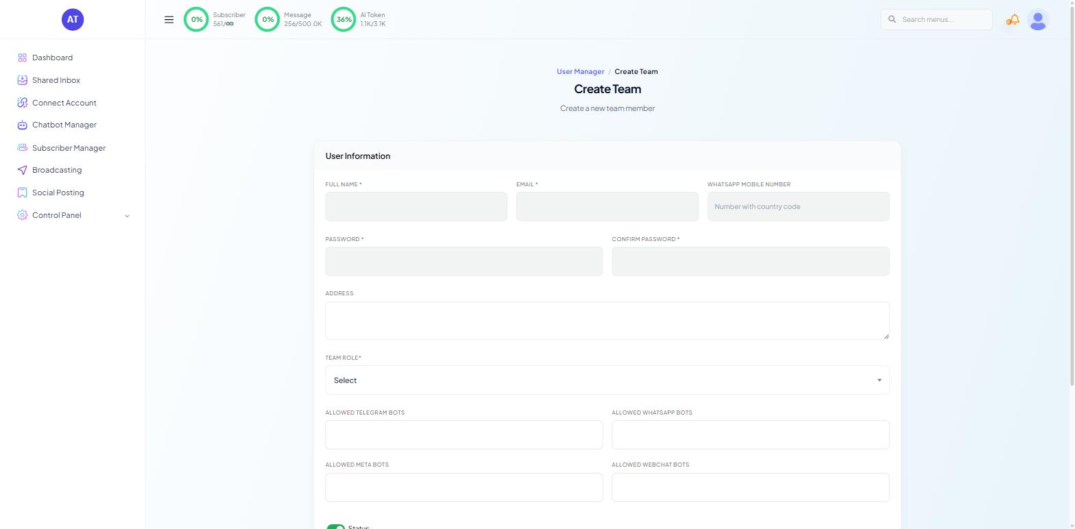 Control Panel User Manager Create Team