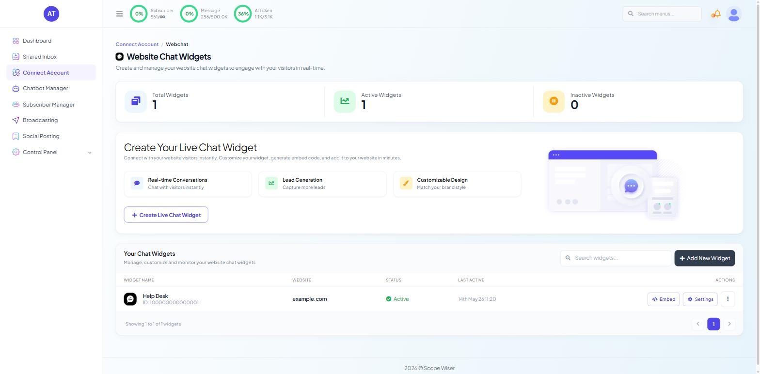 Connect Account Webchat Website Chat Widgets