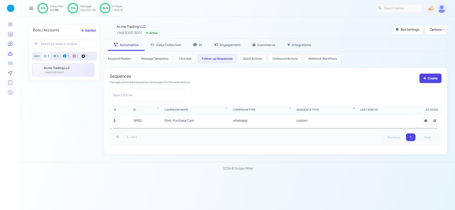 Chatbot Manager Automation Follow-up Sequences showing