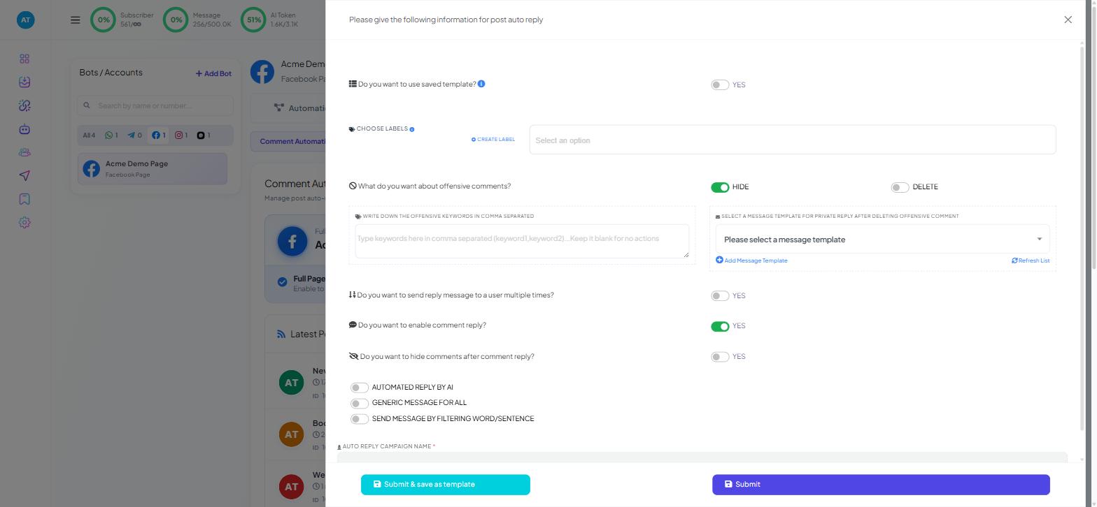 Comment Automation auto-reply configuration with the