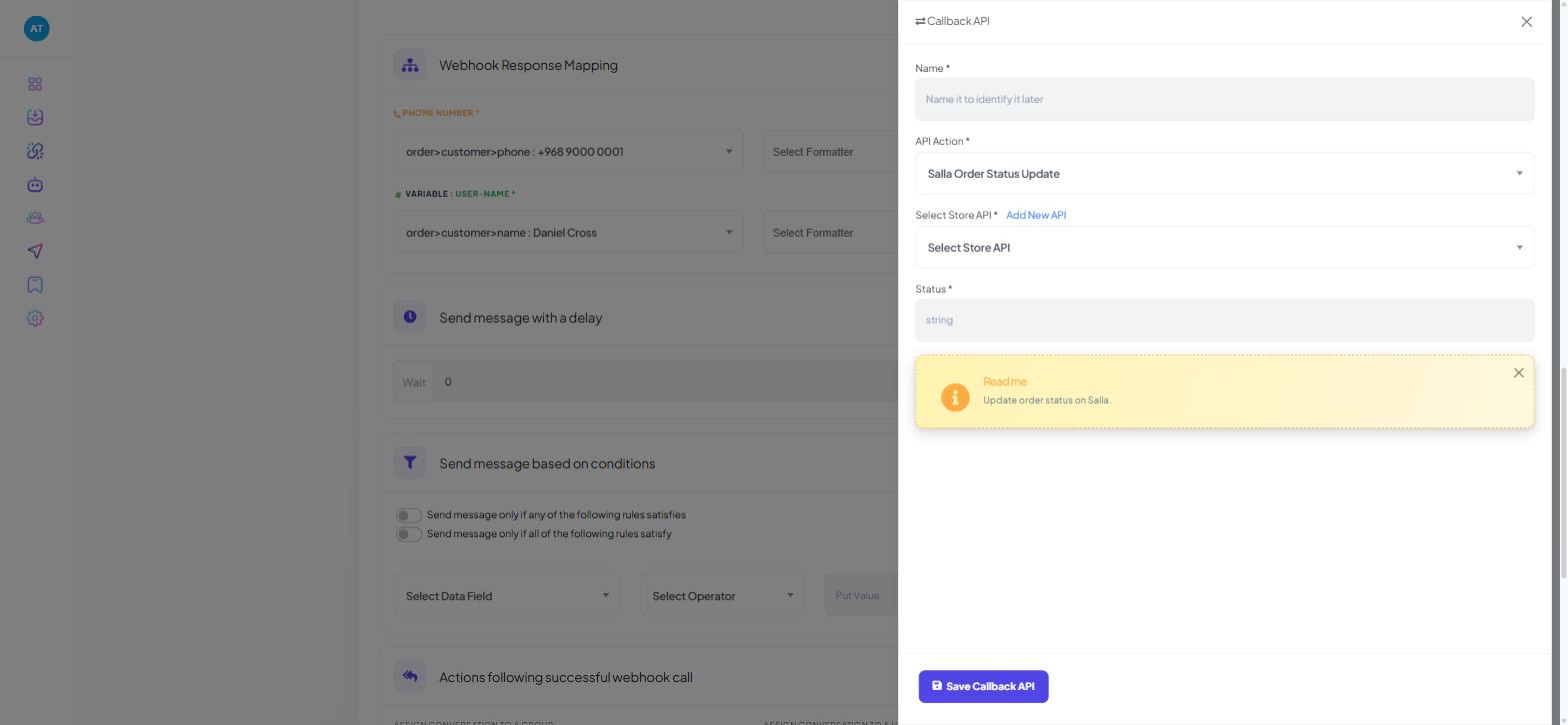 The Callback API drawer on a