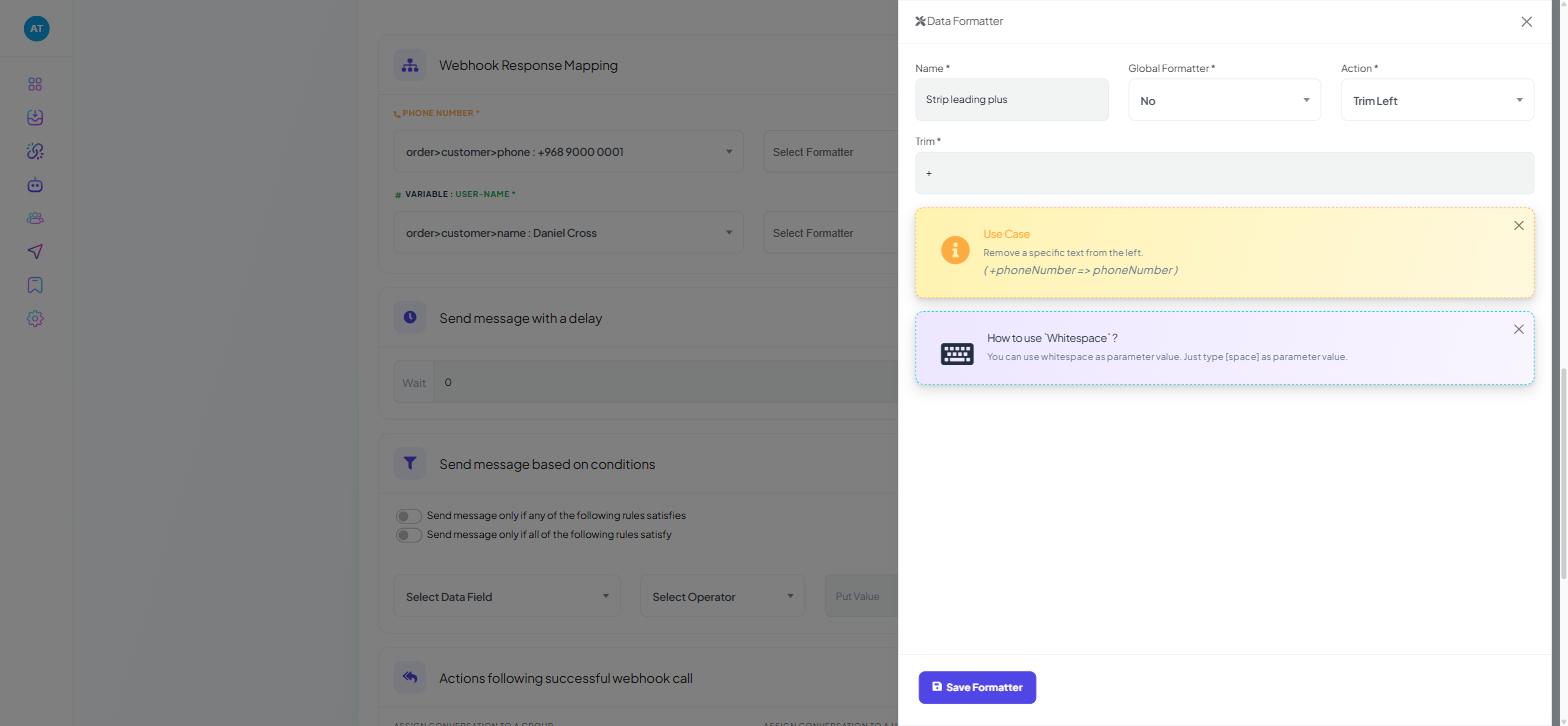 The Data Formatter drawer with Action