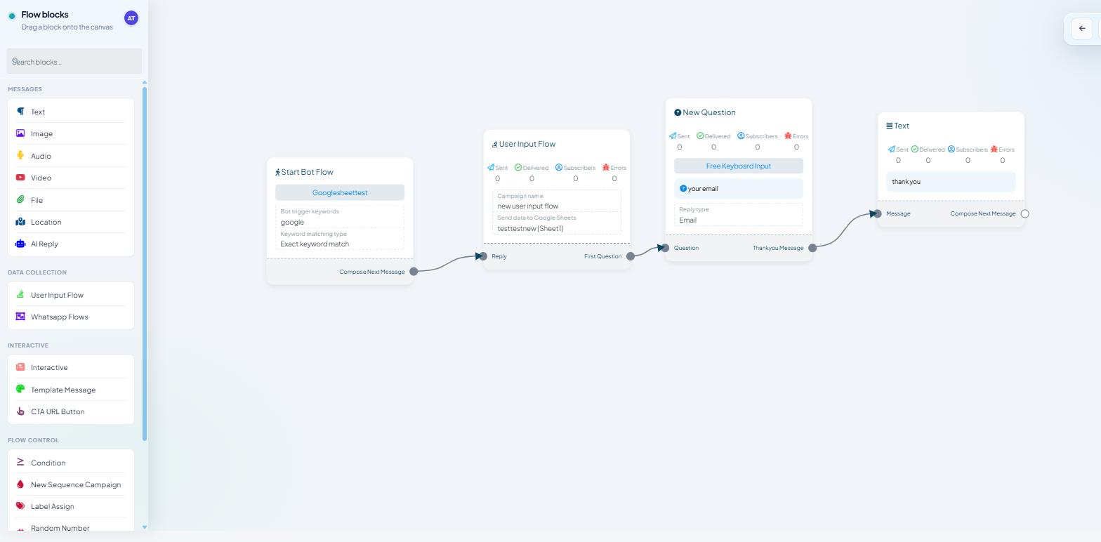 Flow Builder canvas on a WhatsApp