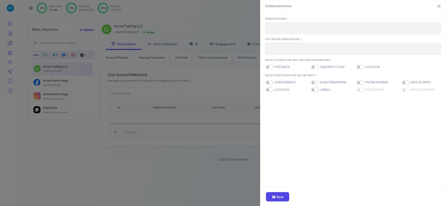 The Outbound Actions create drawer showing
