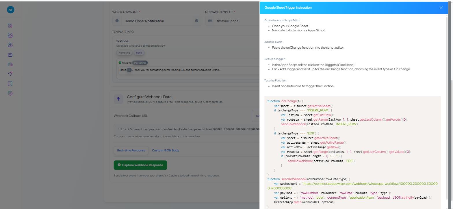 The Google Sheet Trigger Instruction slide-over