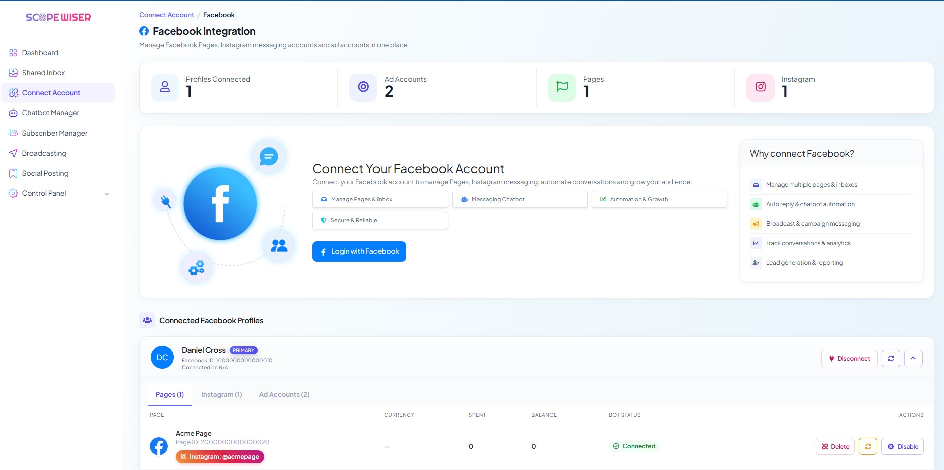 A connected Facebook profile with its Pages, Instagram and Ad Accounts tabs