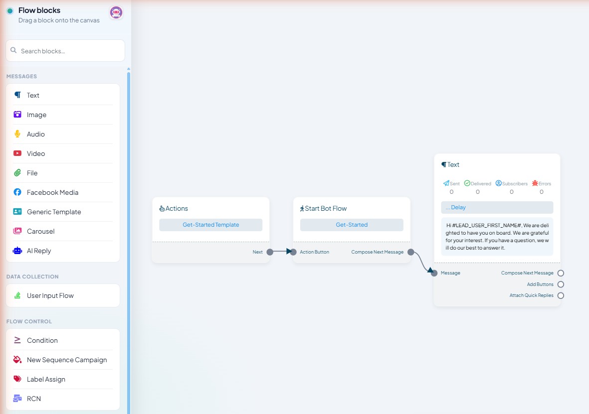 Flow blocks palette on a Facebook bot