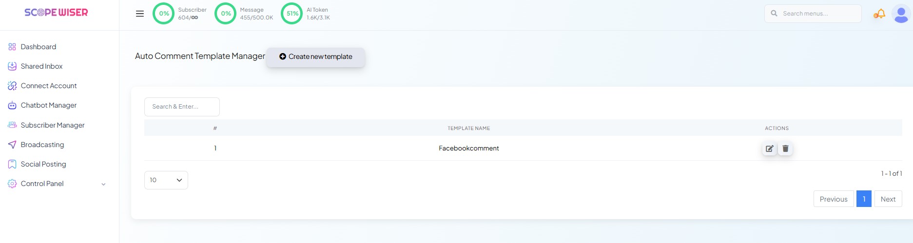 Auto Comment Template Manager with one template listed