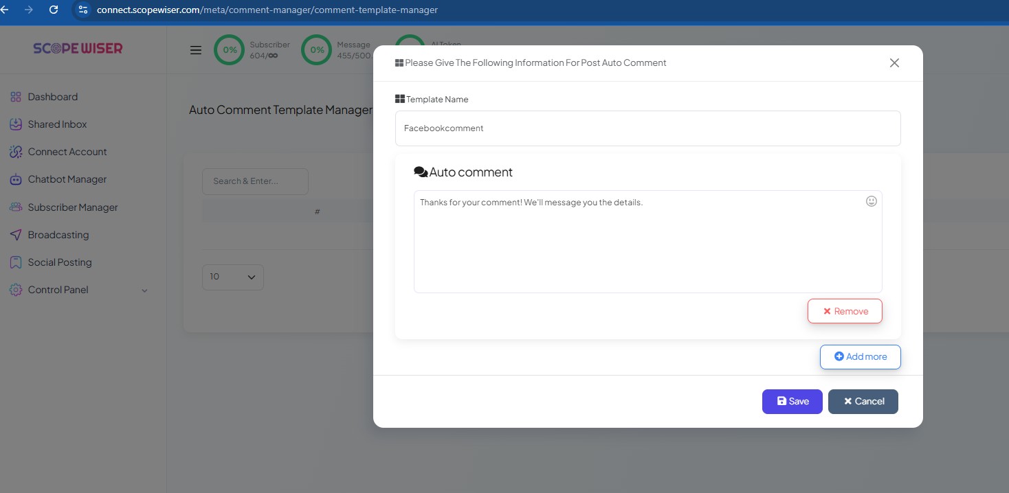 Create new template dialog with Template Name, one Auto comment row, Remove and Add more