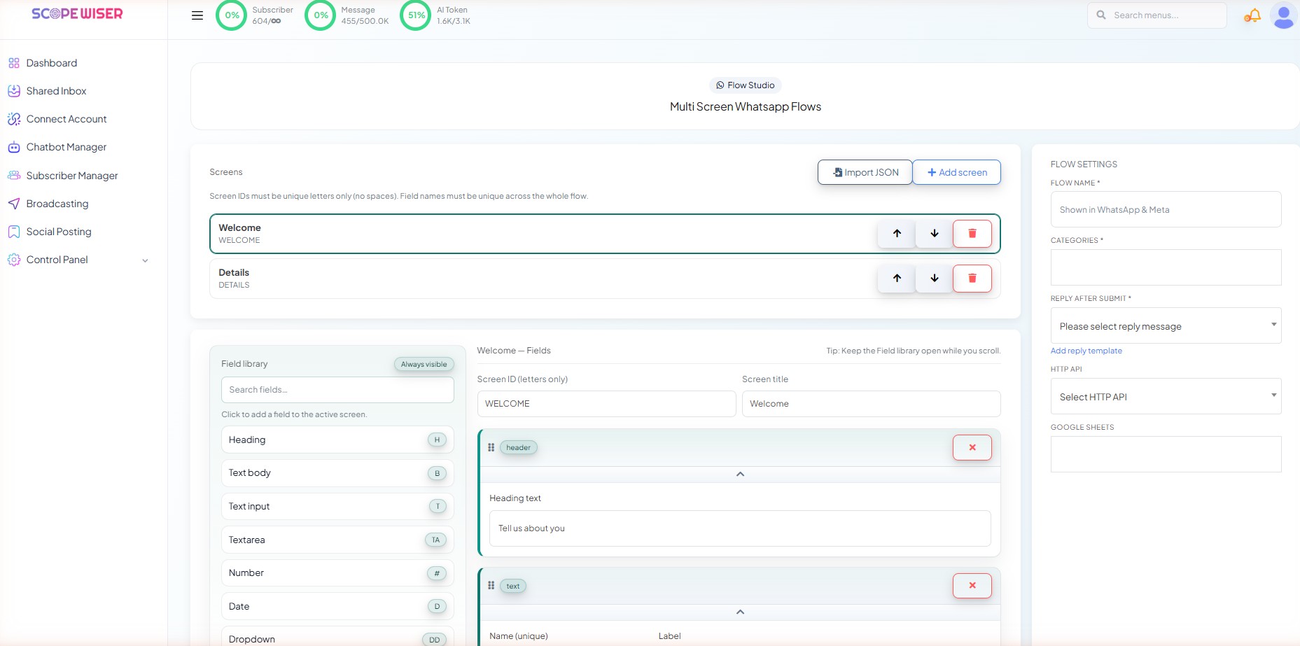 Flows Studio with two screens, the field library and FLOW SETTINGS