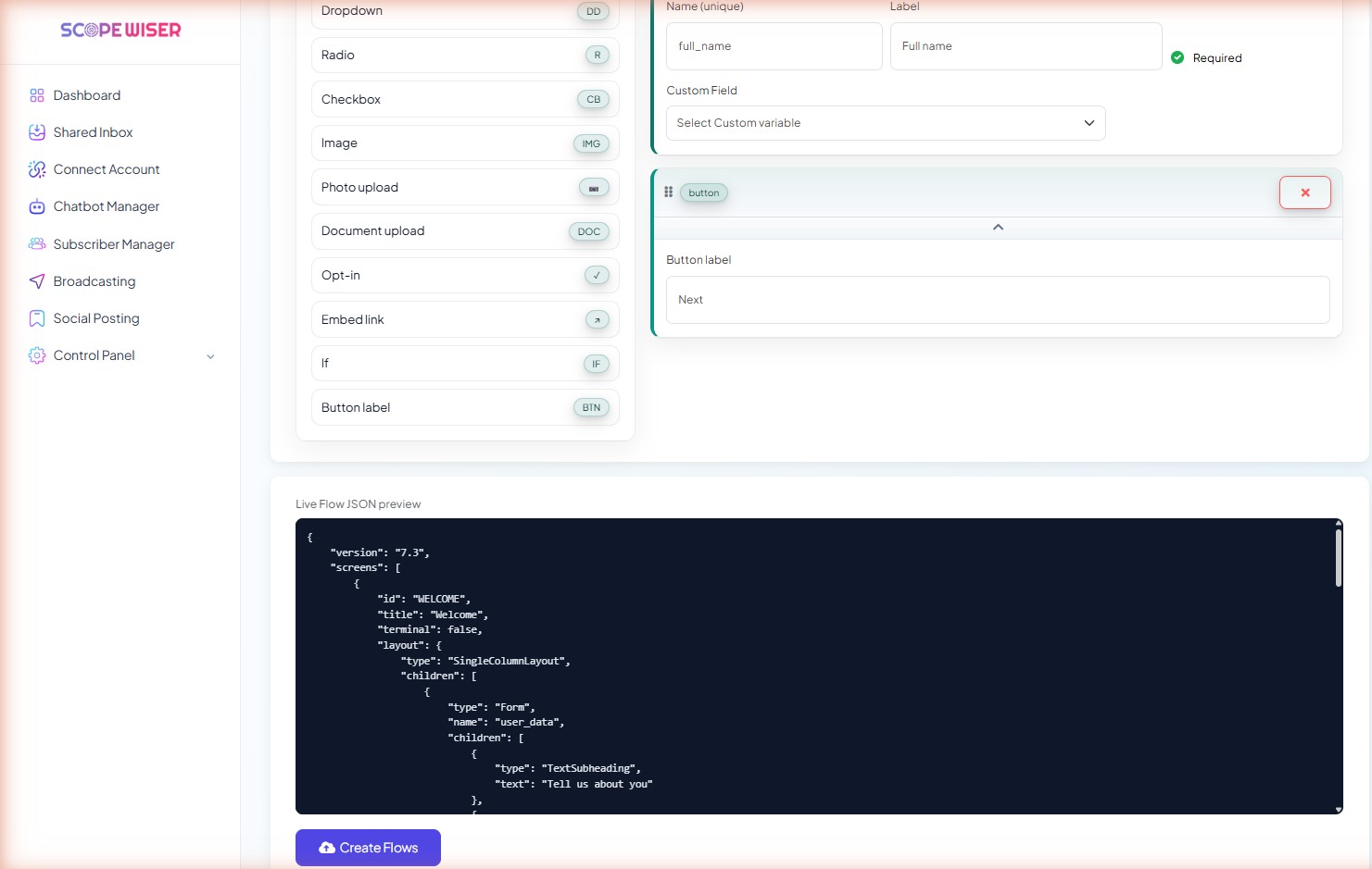 Flows Studio field library above the Live Flow JSON preview