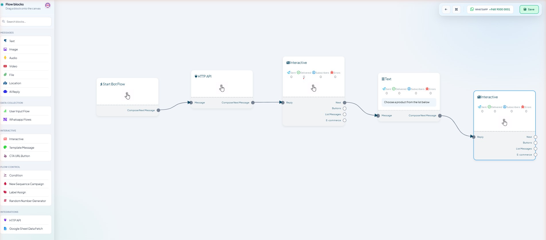 Start Bot Flow into HTTP API into an Interactive node showing its List Messages port
