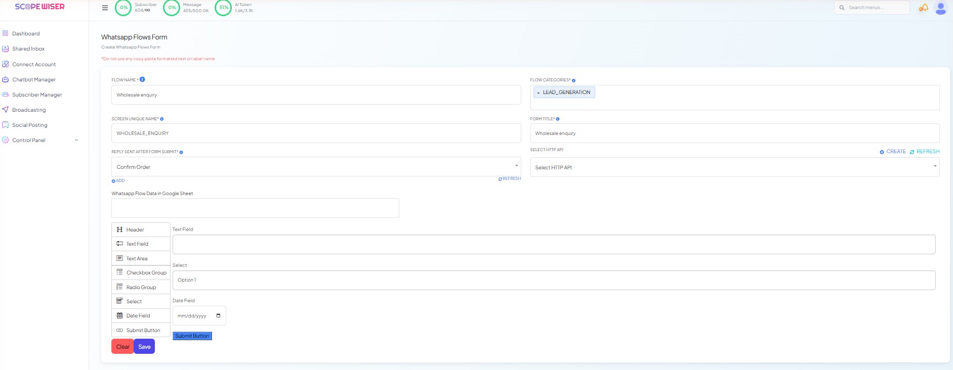 Whatsapp Flows Form builder with settings filled and four fields on the canvas
