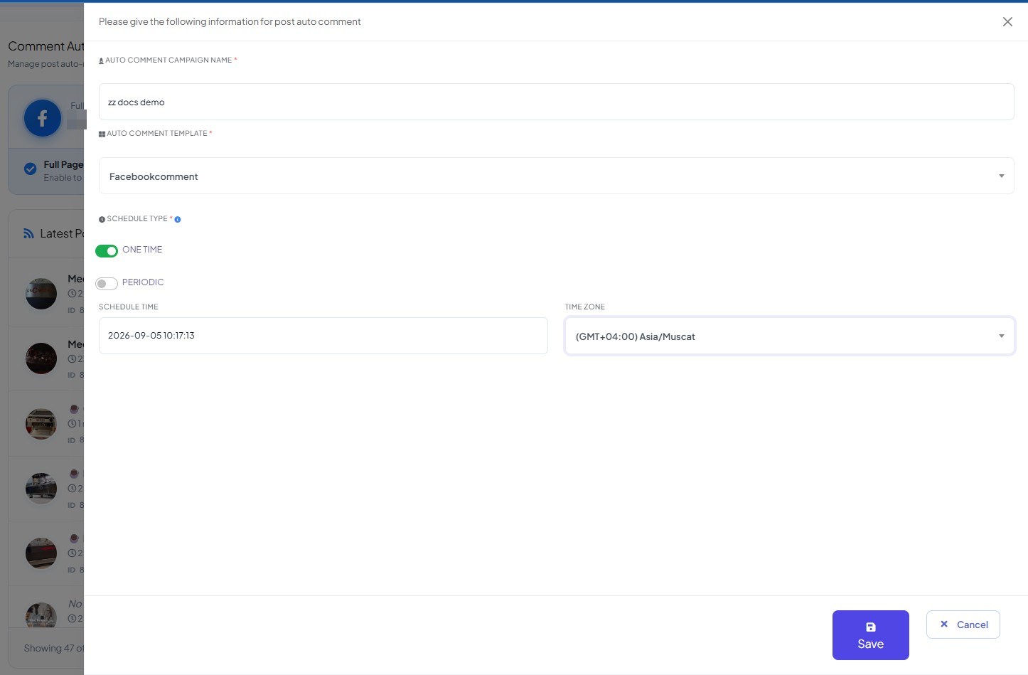 Auto-comment campaign form with a template, a one-time schedule and a time zone chosen