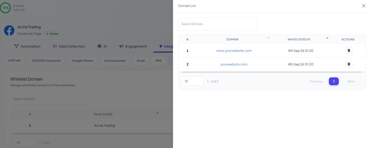 Whitelist Domain page on a Facebook bot with a domain added