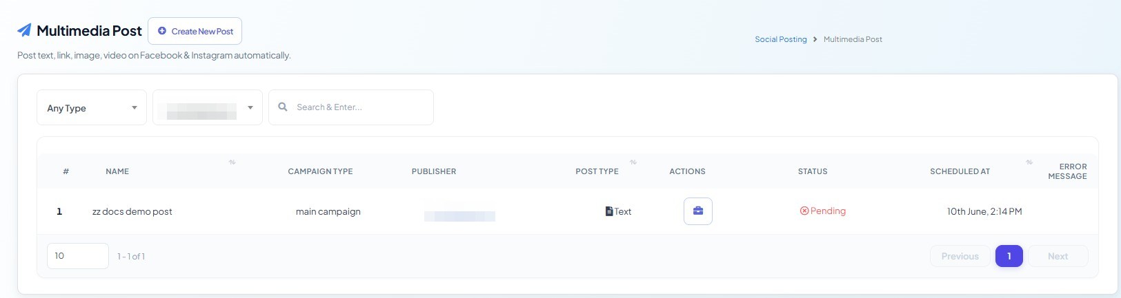 Multimedia Post list with a scheduled post showing STATUS and SCHEDULED AT