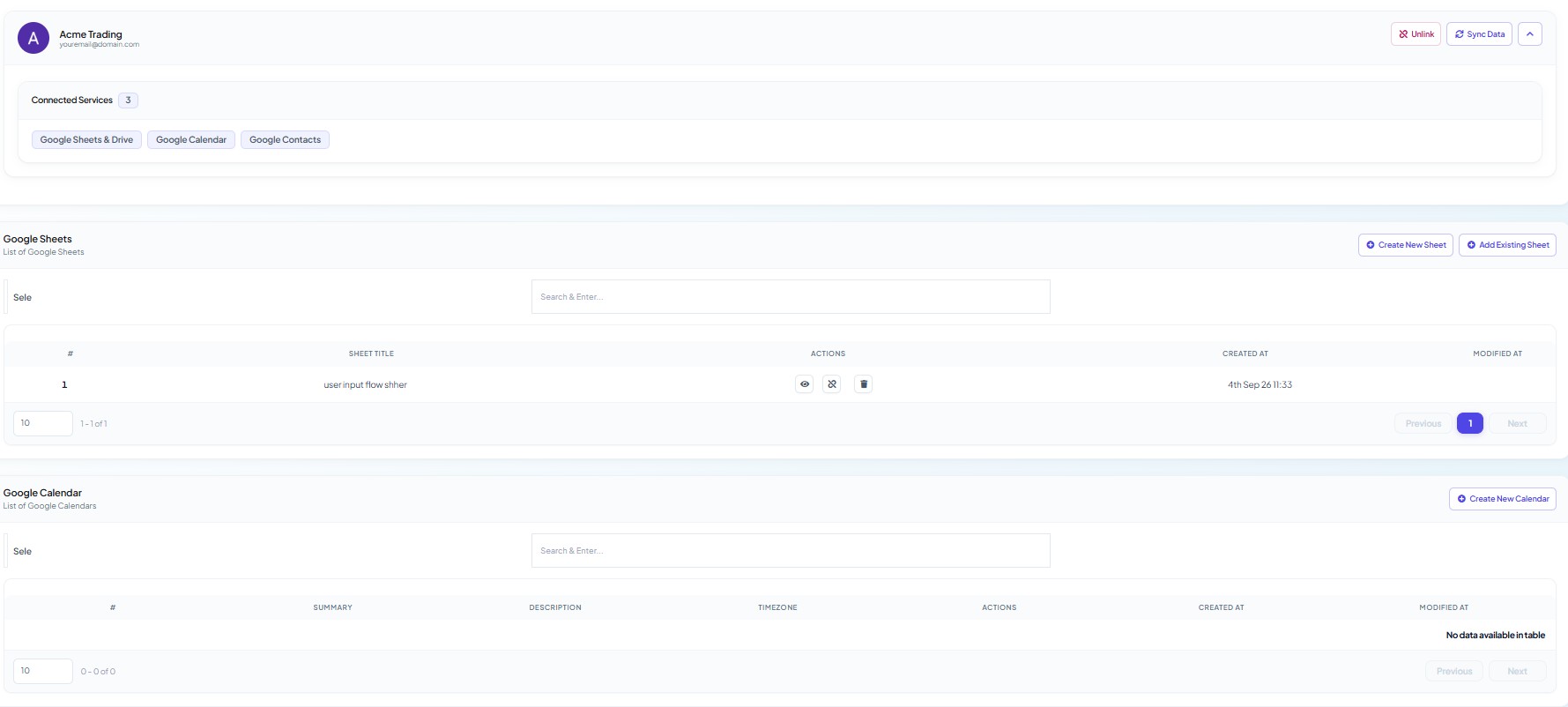 Google Integration page after signing in, with the access tiles and sheet list