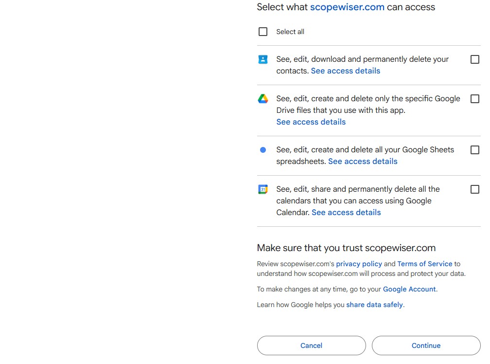 Google's permissions page for Scope Wiser — tick Select all before Continue