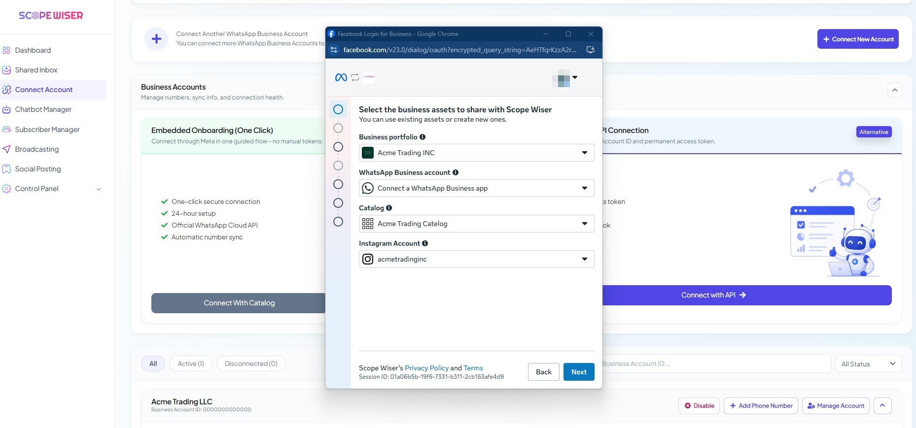 Meta embedded signup asking which business assets to share with Scope Wiser