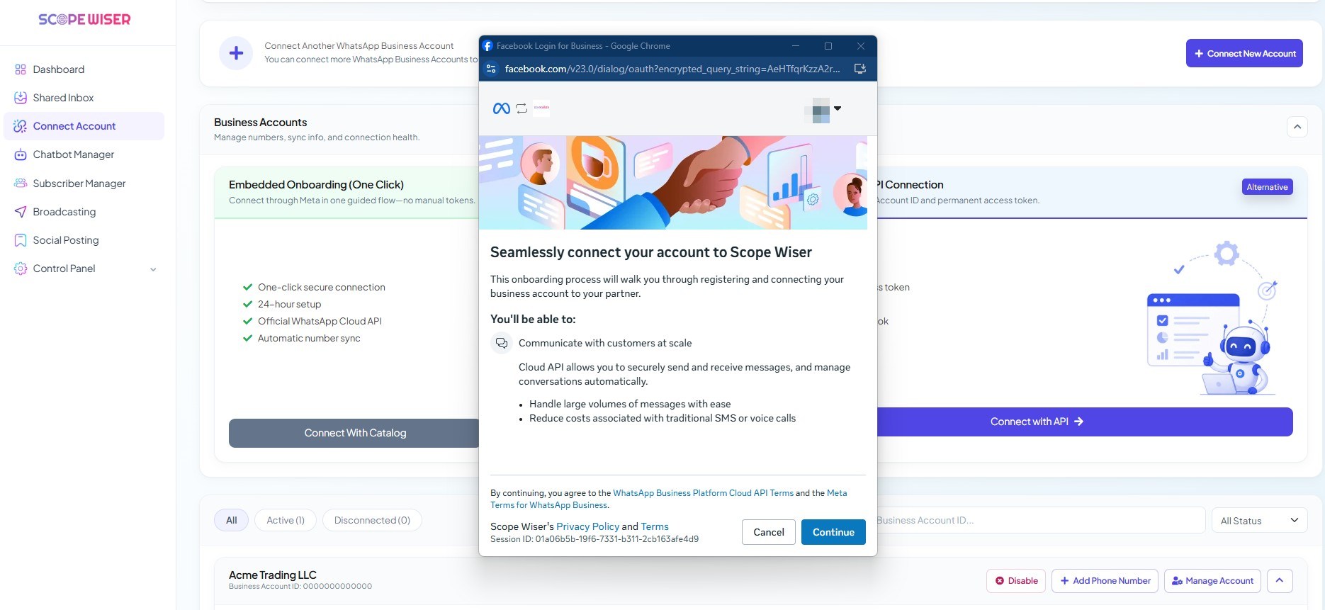Meta's intro step, Seamlessly connect your account to Scope Wiser, with Cancel and Continue