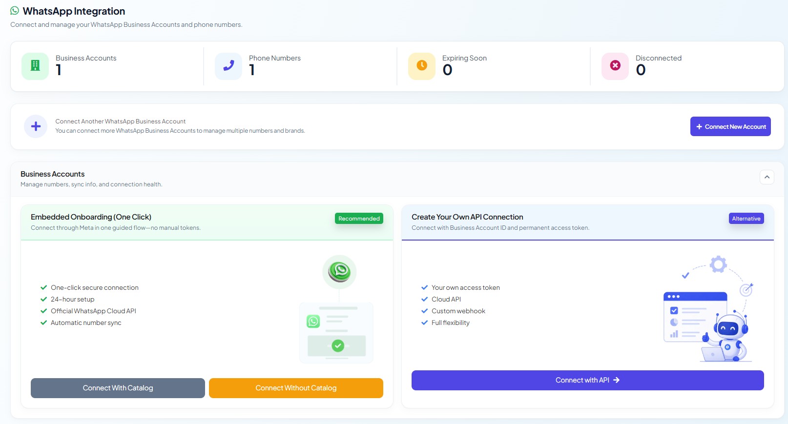 Embedded Onboarding card expanded into Connect With Catalog and Connect Without Catalog