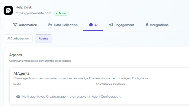 Chatbot Manager with the Help Desk web chat bot selected, on the AI → Agents tab before any agent exists