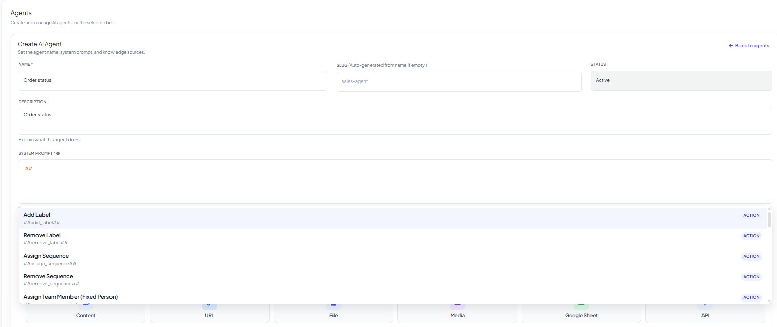 The SYSTEM PROMPT field with ## typed and the autocomplete open, listing the actions