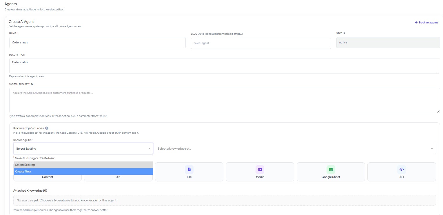 The Knowledge Set dropdown open, offering Select Existing or Create New, with the knowledge-set picker beside it