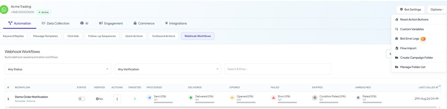 The bot Options menu open, showing Flow Import, Create Campaign Folder and Manage Folder List