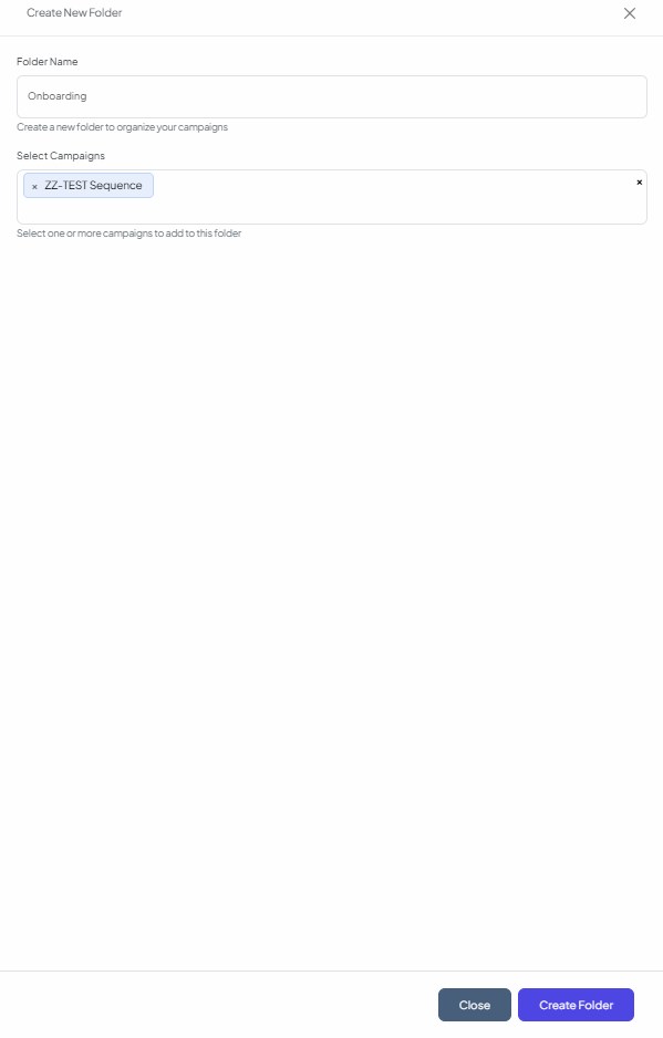The Create New Folder drawer with a folder name entered and one campaign selected