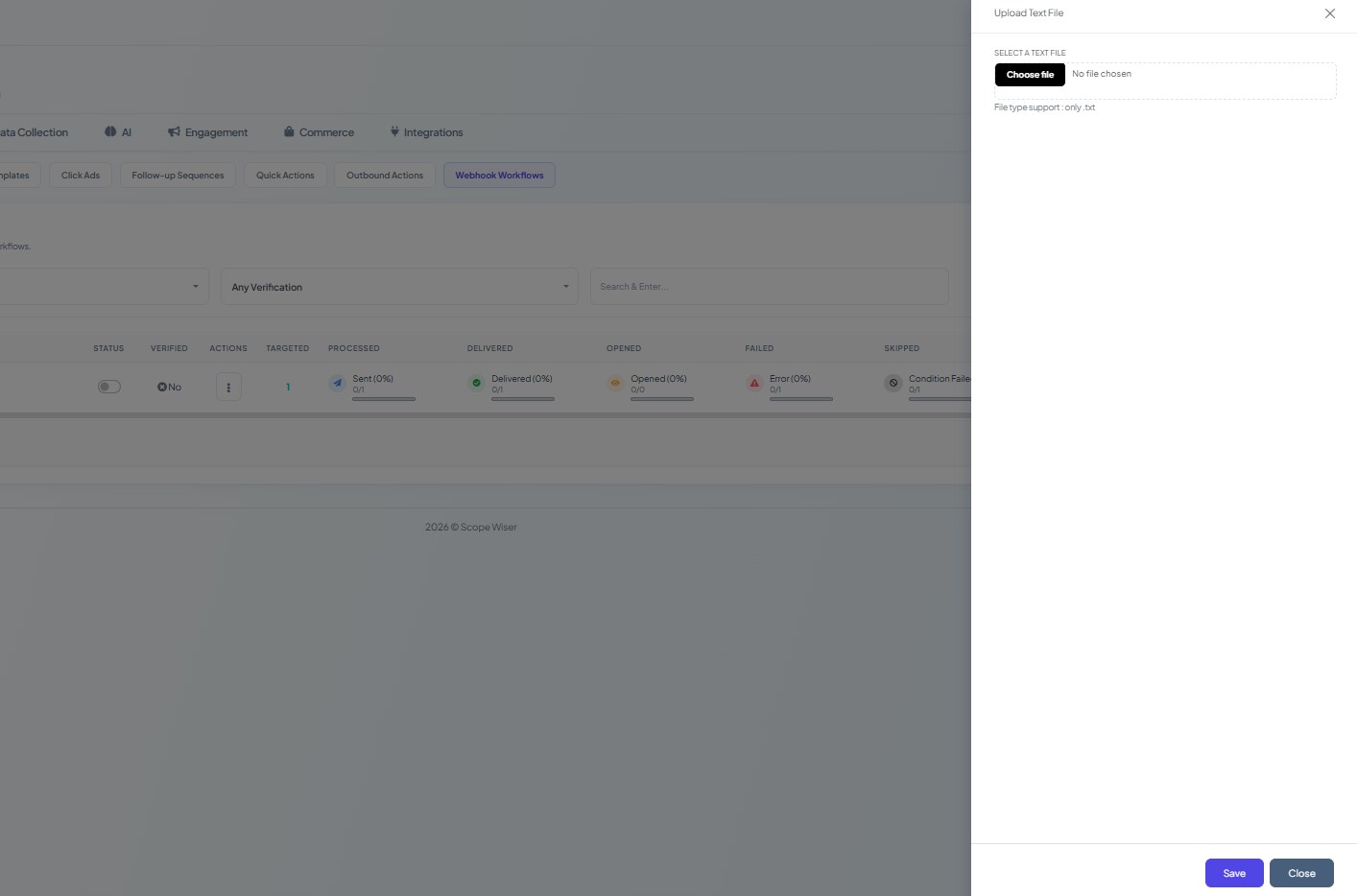 The Upload Text File drawer opened by Flow Import, accepting only a .txt file