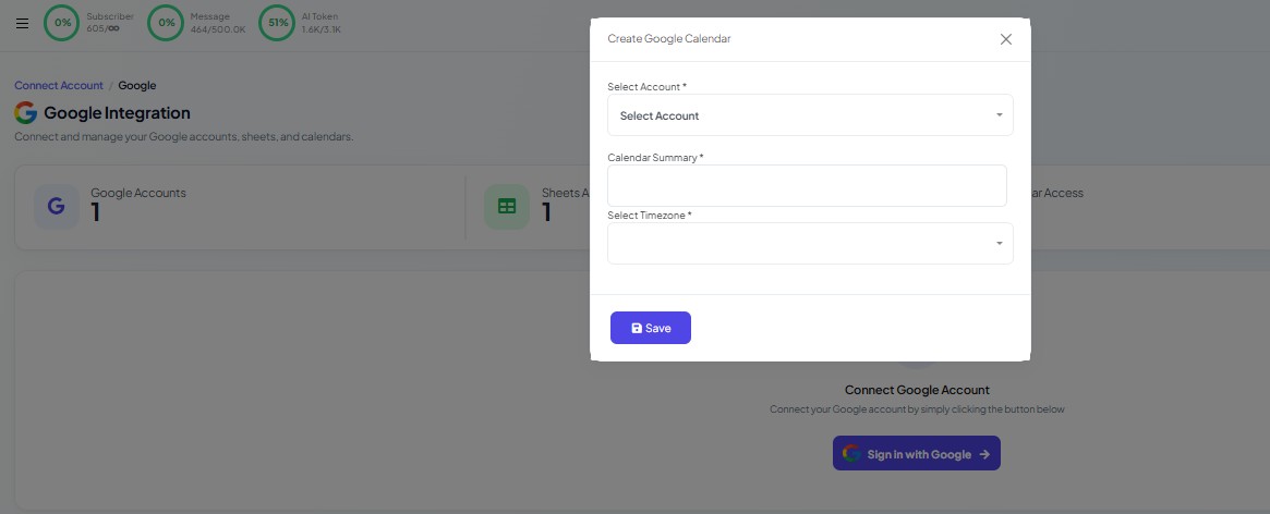 The Create Google Calendar dialog with its three required fields: Select Account, Calendar Summary and Select Timezone