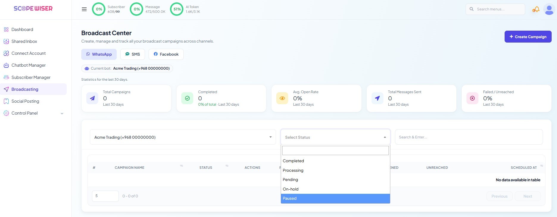 The Select Status filter open, offering Completed, Processing, Pending, On-hold and Paused