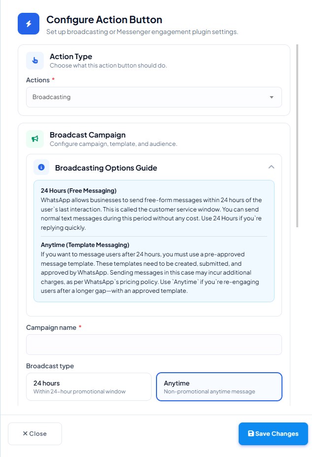 The Broadcasting Options Guide explaining 24 Hours free messaging against Anytime template messaging