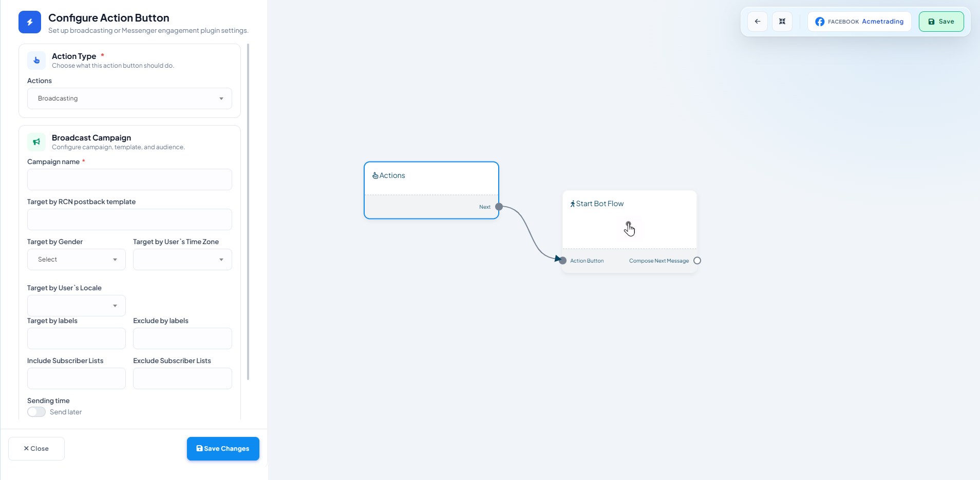 The Facebook Broadcast Campaign card: Target by RCN postback template, gender, time zone, locale, labels and subscriber lists