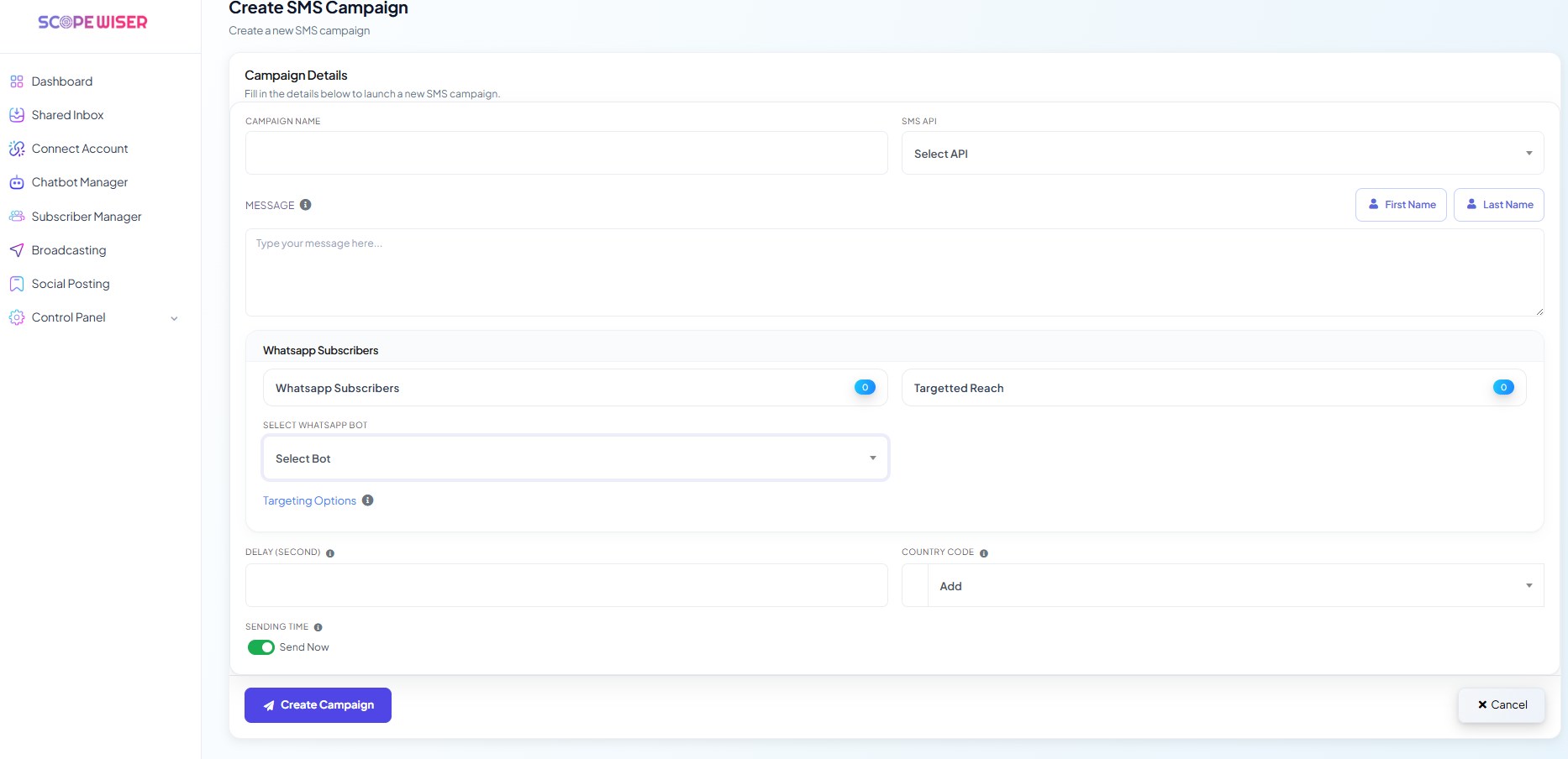 The Create SMS Campaign form: campaign name, SMS API, message, WhatsApp subscriber targeting, delay, country code and sending time