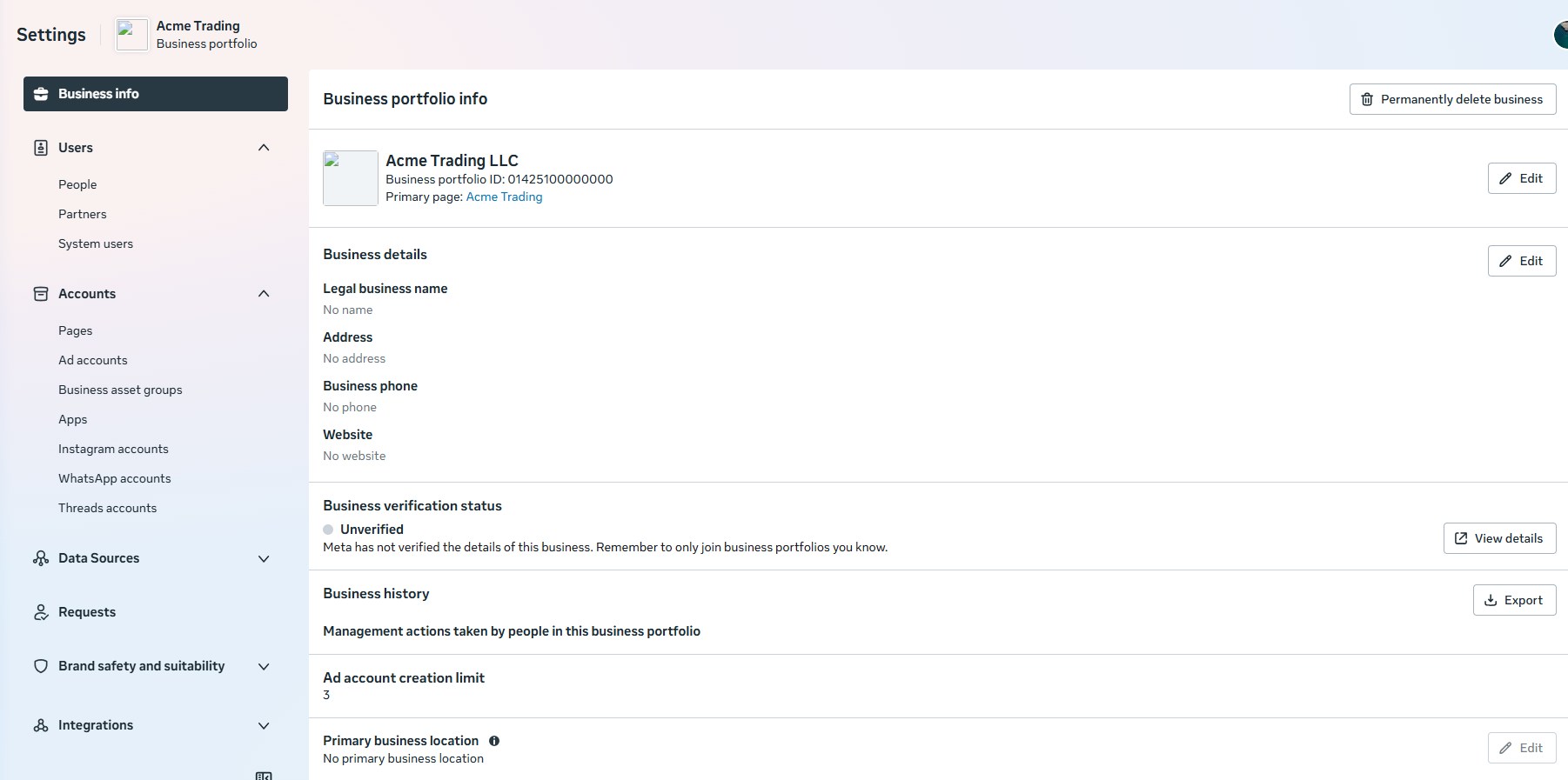 Meta Business Suite settings showing the business portfolio, its ID, the business details and the verification status