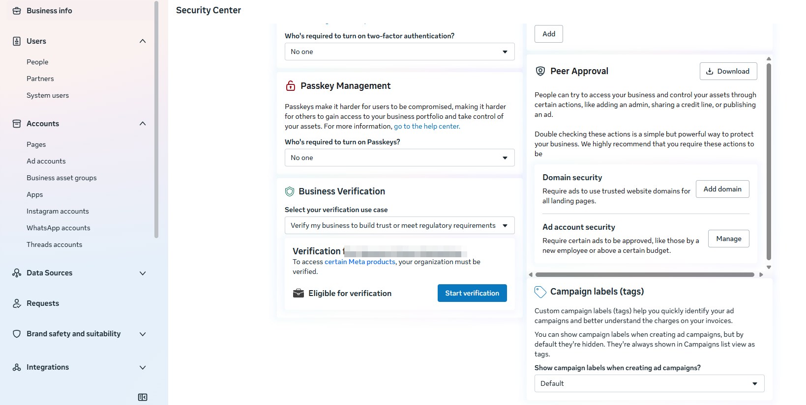 The Security Center with the Business Verification card, its use-case dropdown and the Start verification button